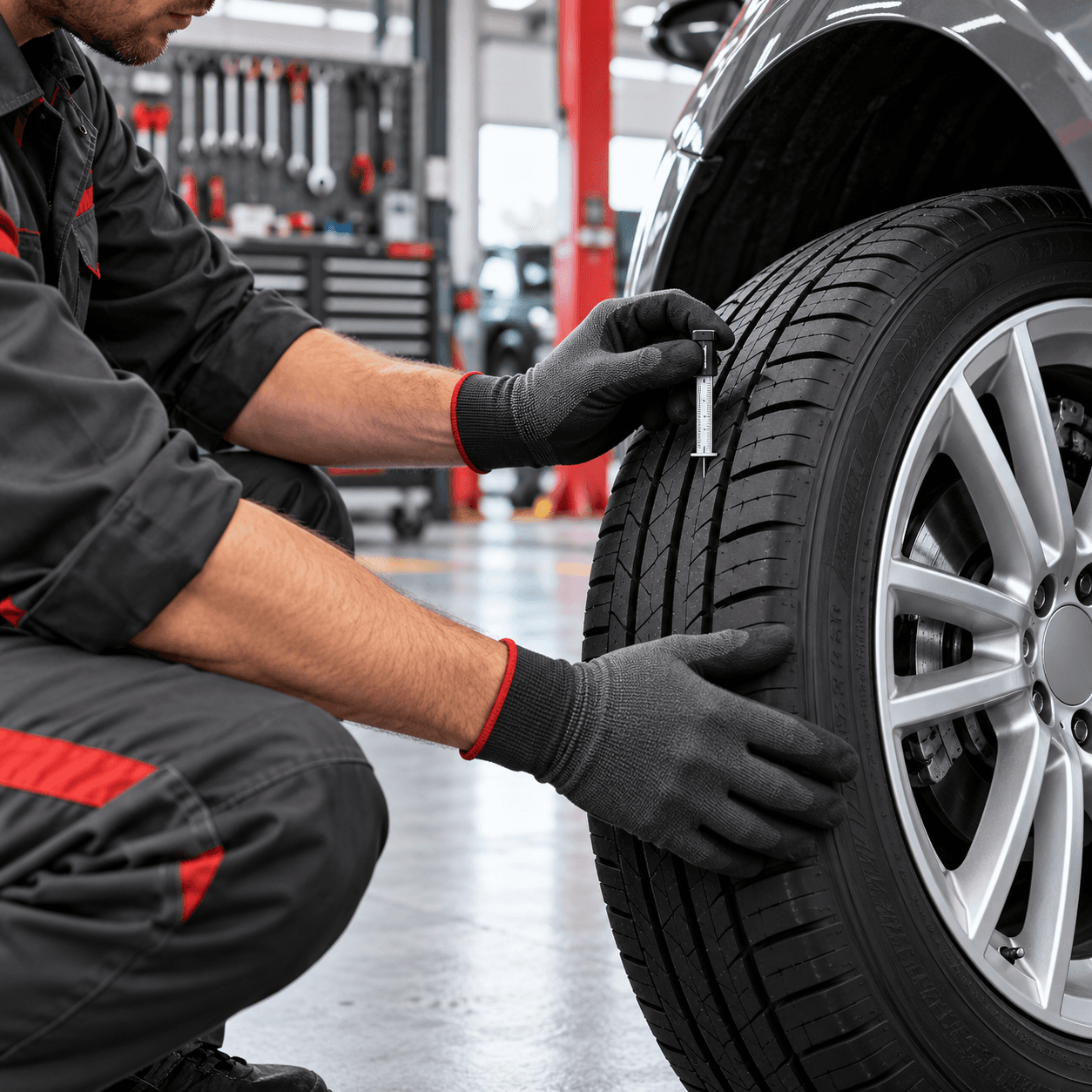 Mechanic checking the tread on a car tyre