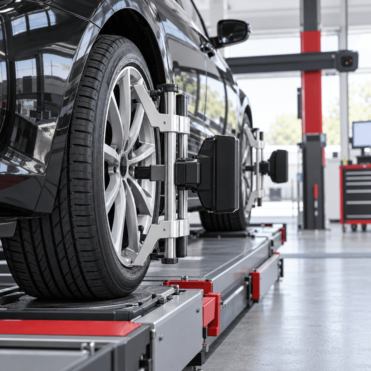 Car tyre on a wheel alignment machine at a tyre workshop